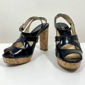 Michael Kors MK Black Patent Leather Strappy Cork Heels Women's Size 6M